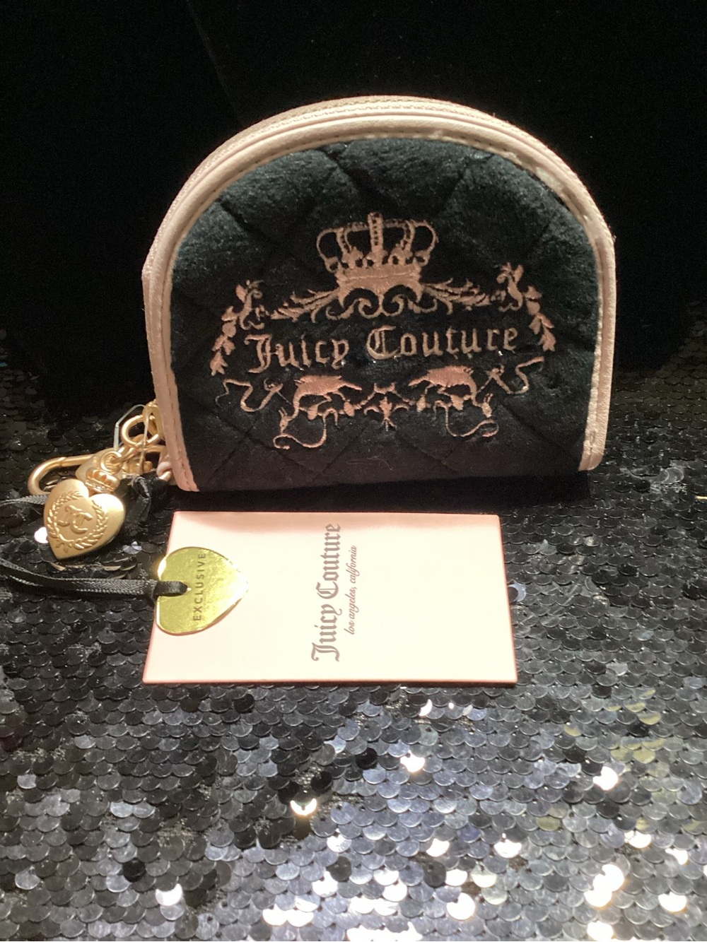 Juicy Couture Black Velvet Coin Pouch with Blush Trim and Gold Hardware